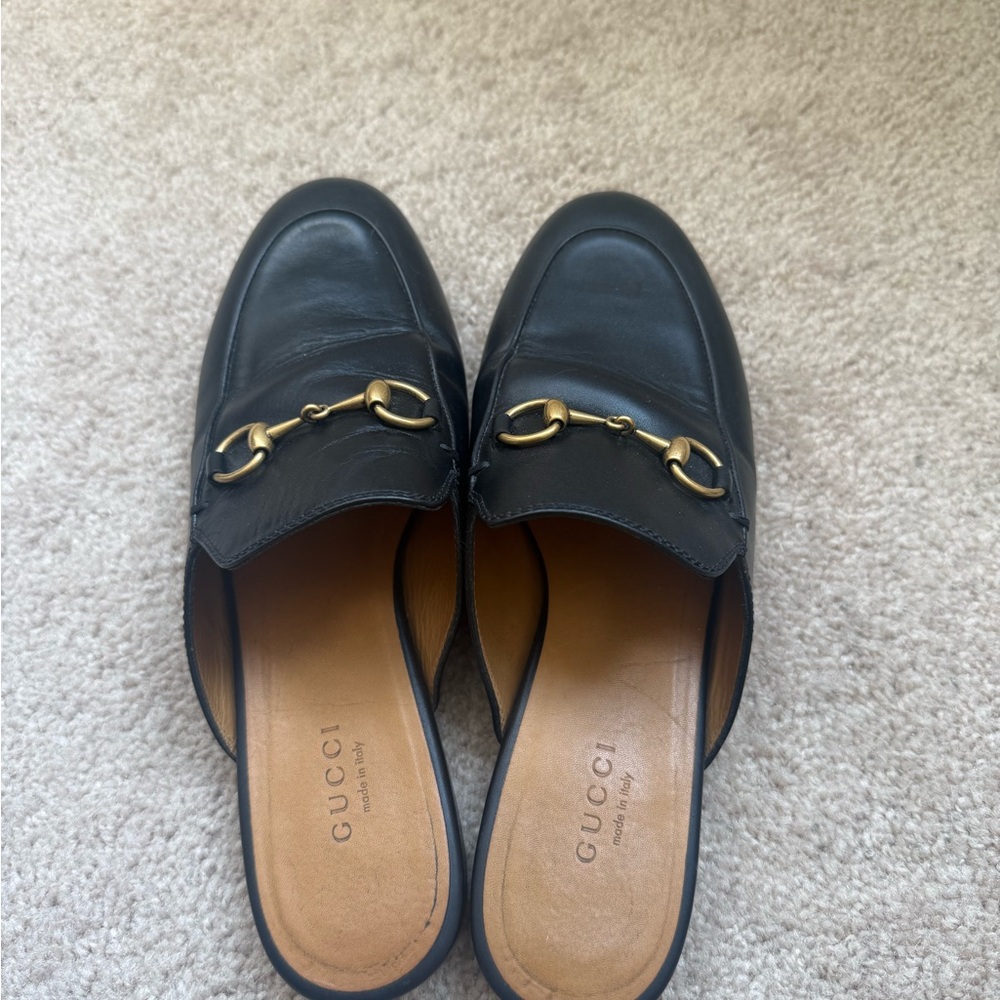 Gucci Black Leather Slip-On Horsebit Slides Mules Loafers - Picture 2 of 4